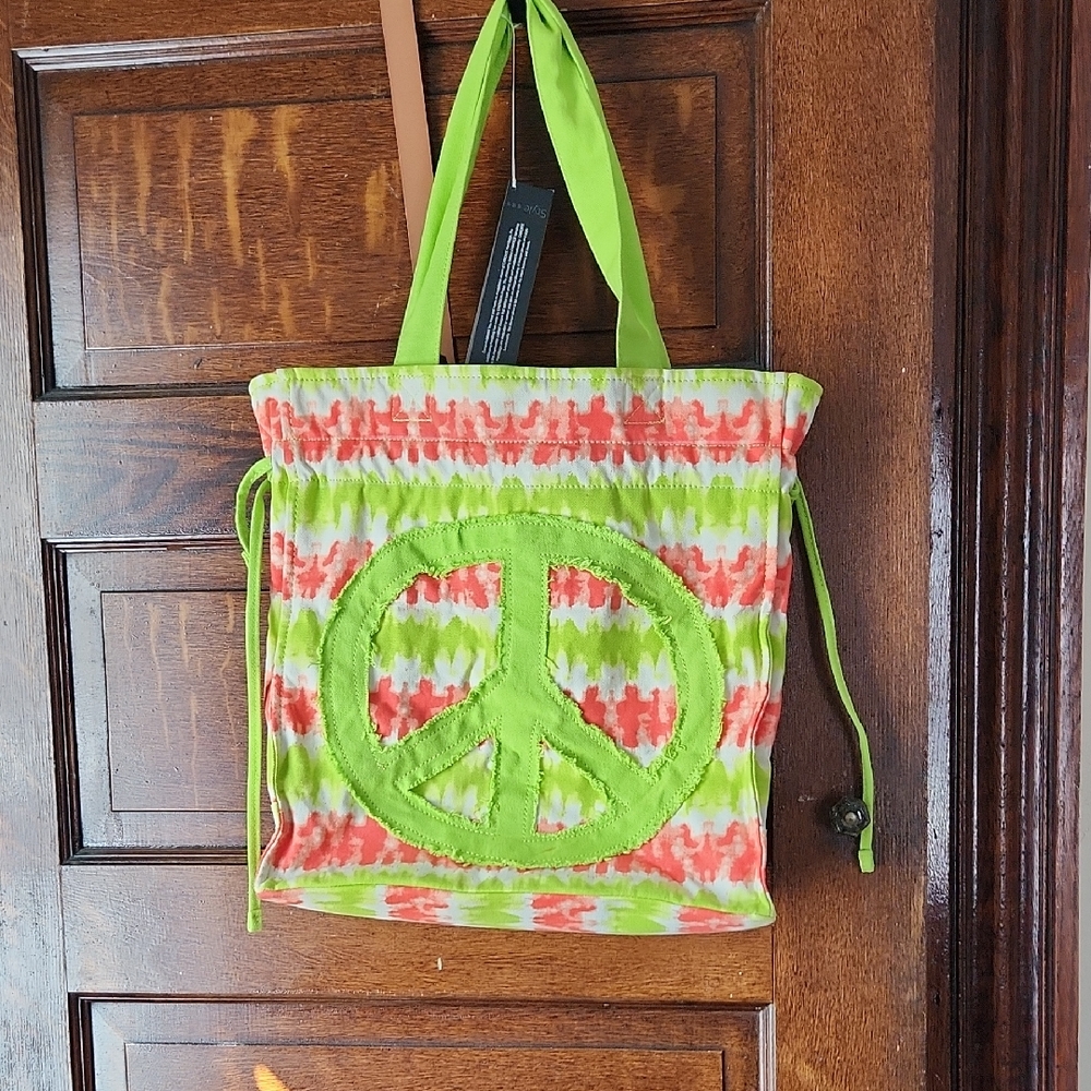 Vibrant Green and Orange Peace Sign Canvas Is Tote Bag NWT